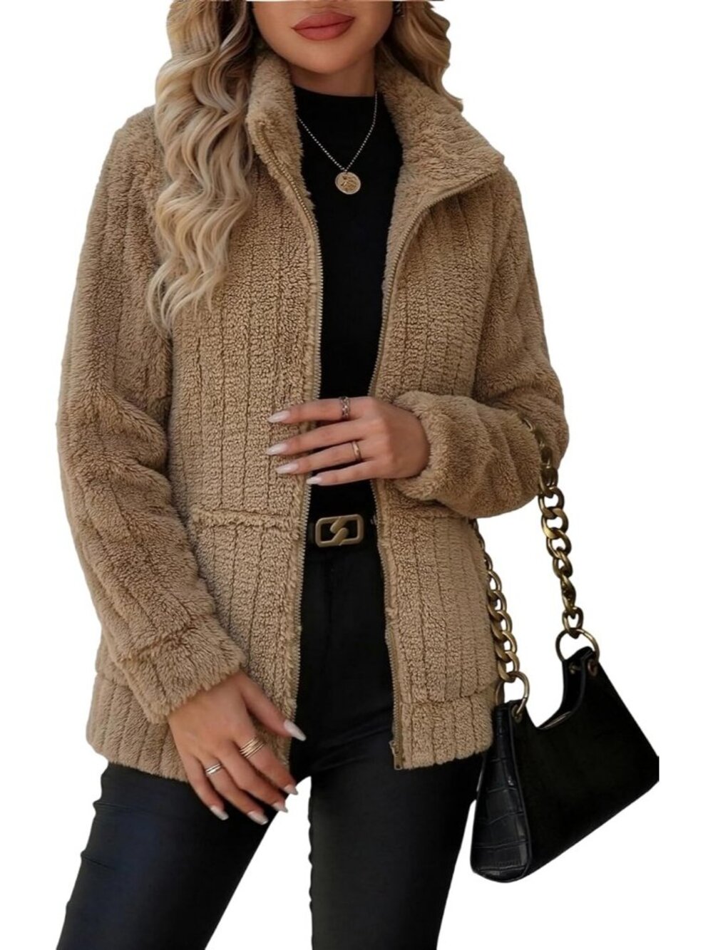 Women's Vertical Striped Khaki Collar Fleece Sherpa Pockets long sleeve Jacket